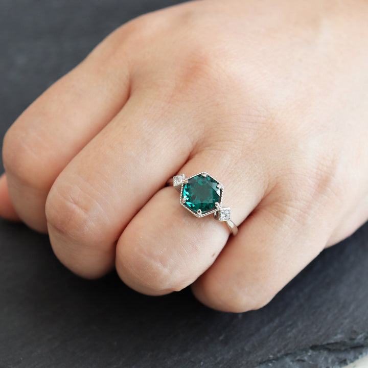 Hexagonal Emerald Engagement Ring, Vintage 2 CT Emerald Wedding Ring, Round Cut May Birthstone Anniversary Promise Ring, 14k White Gold Ring - ShainJewelry