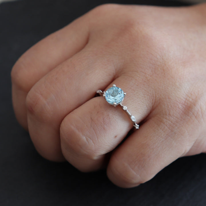 Natural Sky Blue Topaz Engagement Ring Round Cut November Birthstone 14k White Gold /Silver Anniversary Promise Wedding Meaningful Gift - ShainJewelry