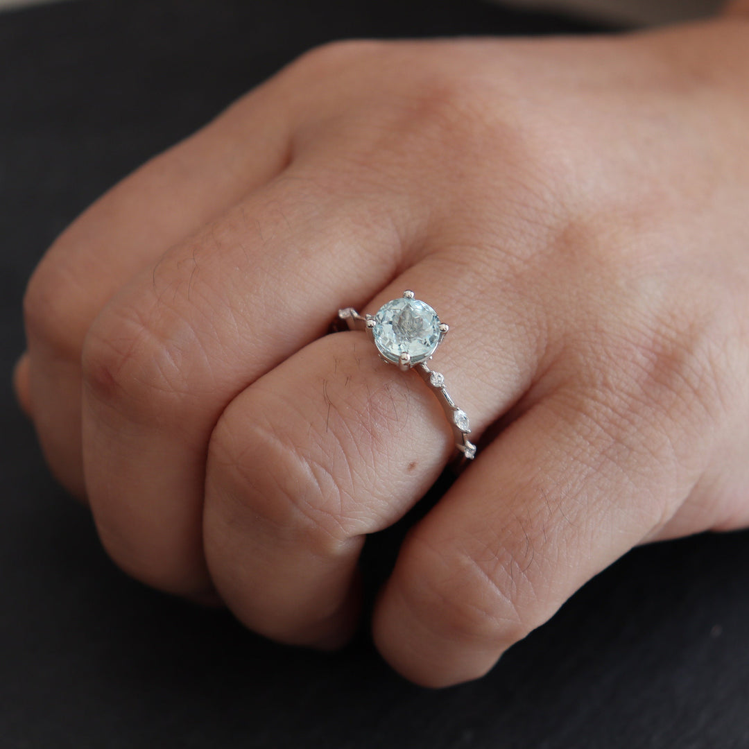 Vintage Natural Blue Aquamarine Engagement Ring, Round Cut March Birthstone 14k White Gold Anniversary Ring Unique Promise Wedding Ring Gift - ShainJewelry