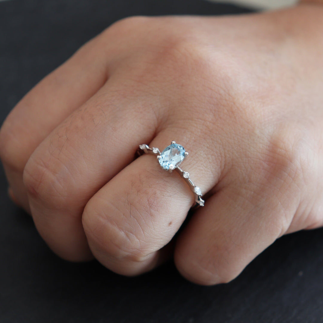 Unique Natural Oval Topaz Engagement Ring, Swiss Blue Topaz Hidden Halo Promise Ring, 14k White Gold /Silver 925 Anniversary Wedding Ring - ShainJewelry