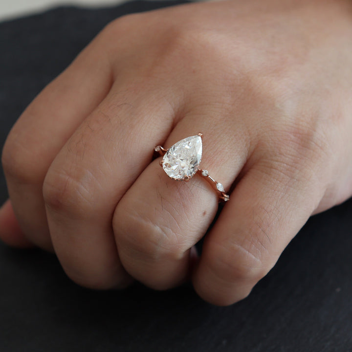 Vintage 4 Carats Large Pear Moissanite Engagement Ring Unique Rose Gold Moissanite Hidden Halo Wedding Ring Teardrop Moissanite Promise Ring - ShainJewelry