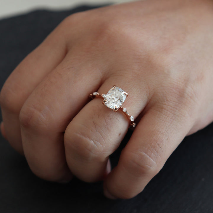 Vintage 3 Carat Moissanite Engagement Ring, 14k Rose Gold Moissanite Hidden Halo Wedding Ring, Unique Cushion Cut Moissanite Promise Ring - ShainJewelry