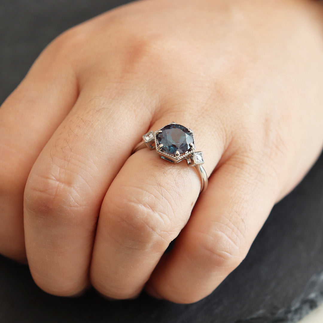 Vintage Alexandrite Engagement Ring, June Birthstone Ring Round Cut Alexandrite Ring, White Gold/Sterling Silver Three Stones Promise Ring - ShainJewelry
