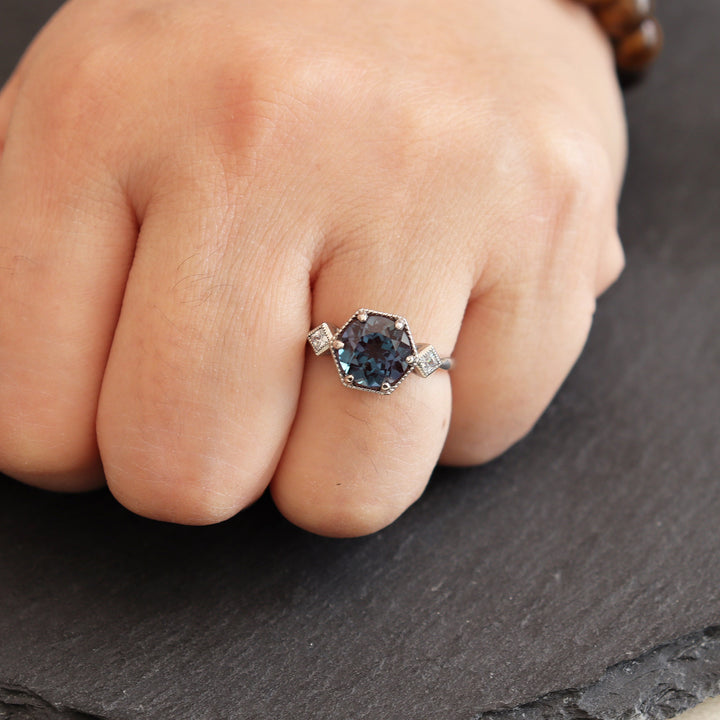 Vintage Alexandrite Engagement Ring, June Birthstone Ring Round Cut Alexandrite Ring, White Gold/Sterling Silver Three Stones Promise Ring - ShainJewelry