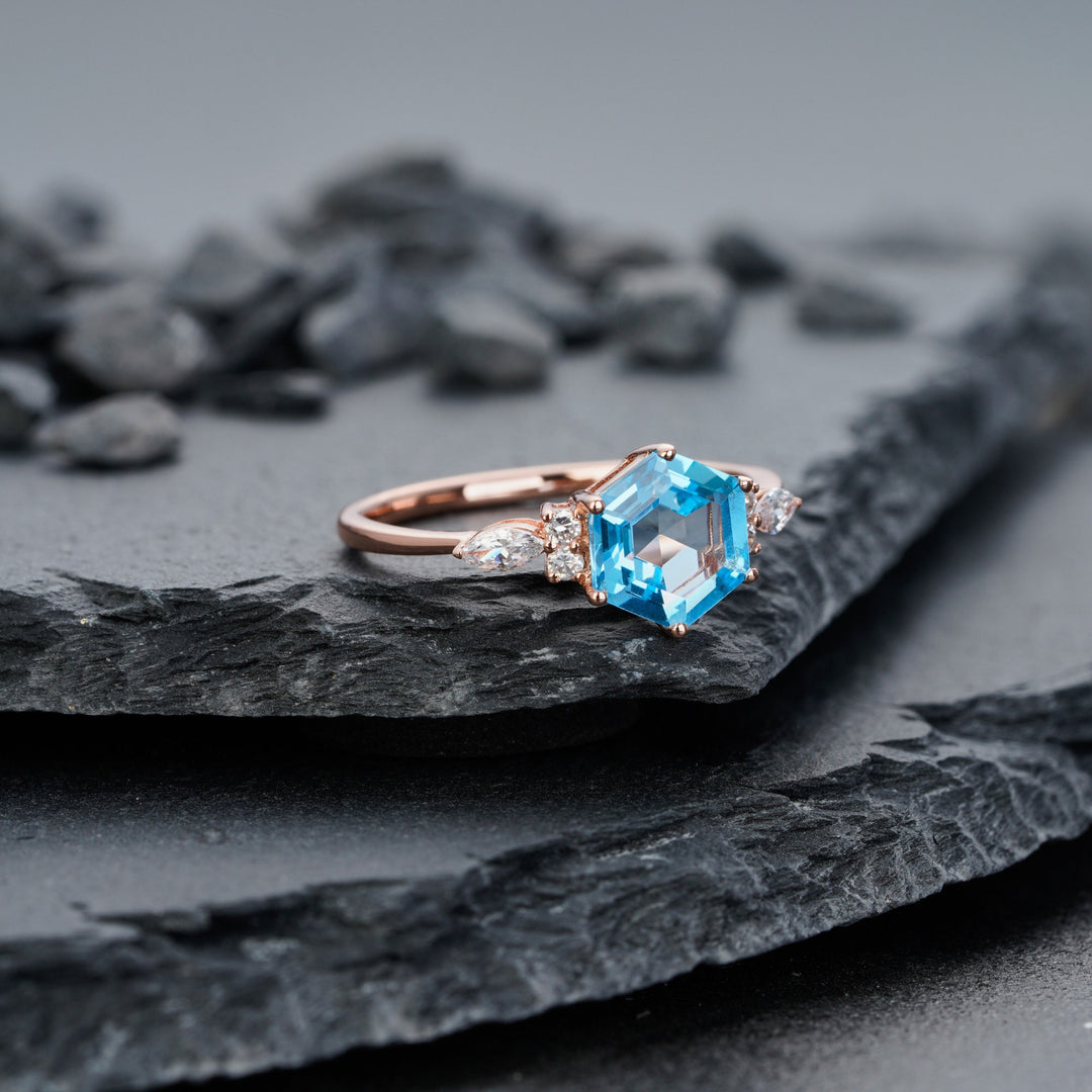 Vintage Hexagon Swiss Blue Topaz Engagement Ring 14k Rose White Gold or Sterling Silver Anniversary Promise Wedding Ring Gift For Women - ShainJewelry