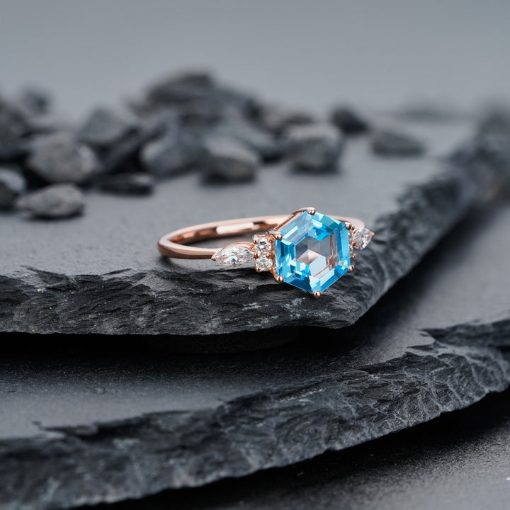 Vintage Hexagon Swiss Blue Topaz Engagement Ring 14k Rose White Gold or Sterling Silver Anniversary Promise Wedding Ring Gift For Women - ShainJewelry