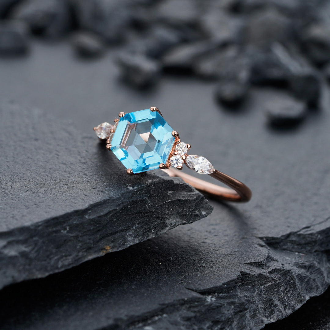 Vintage Hexagon Swiss Blue Topaz Engagement Ring 14k Rose White Gold or Sterling Silver Anniversary Promise Wedding Ring Gift For Women - ShainJewelry