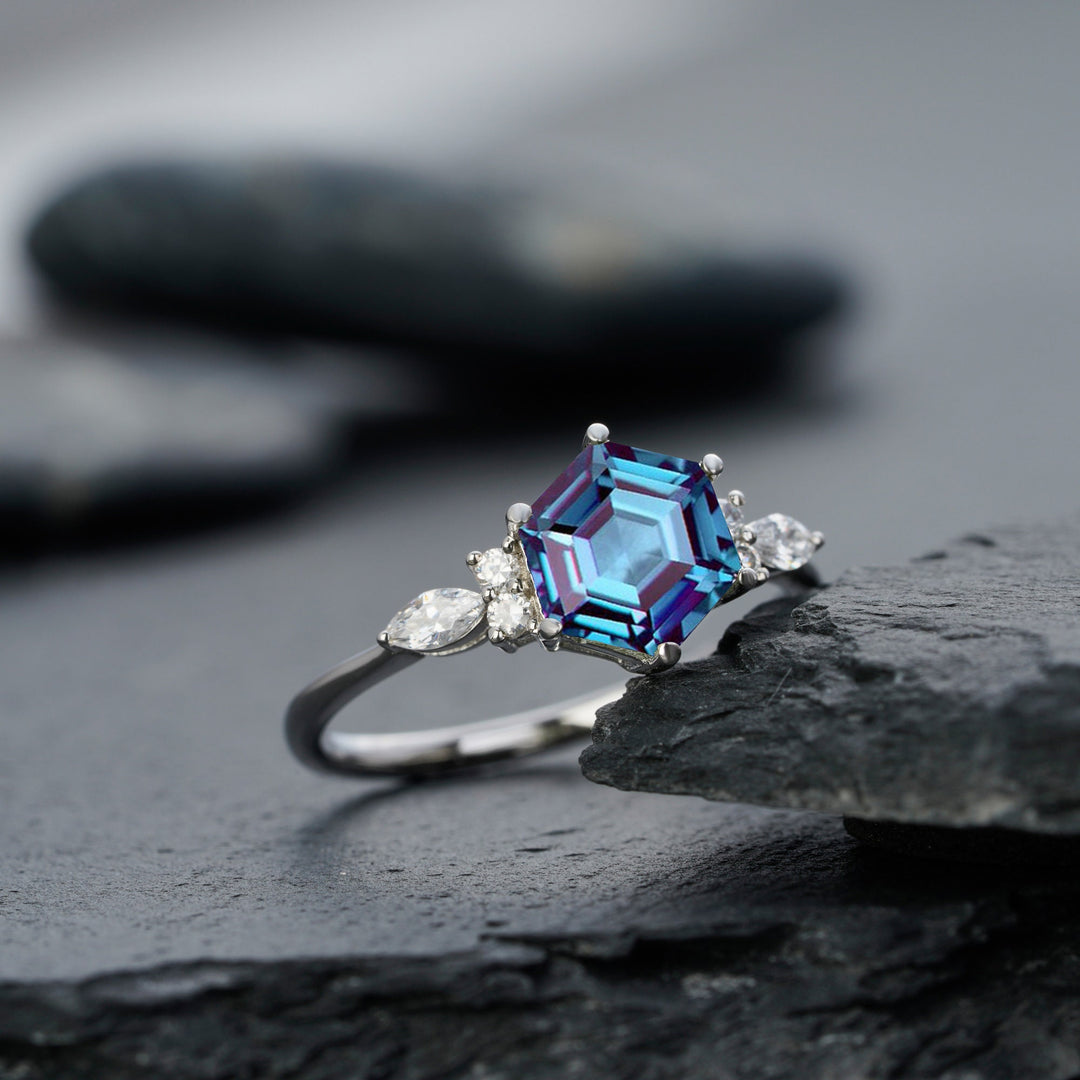 Platinum Hexagon Alexandrite Engagement Ring, Unique 14K White Gold Wedding Ring, Silver June Birthstone Anniversary Promise Ring For Women - ShainJewelry