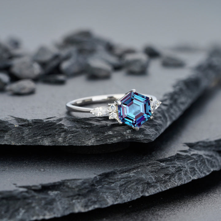 Platinum Hexagon Alexandrite Engagement Ring, Unique 14K White Gold Wedding Ring, Silver June Birthstone Anniversary Promise Ring For Women - ShainJewelry