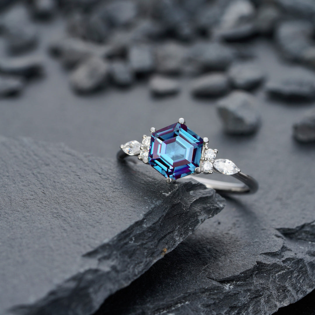 Platinum Hexagon Alexandrite Engagement Ring, Unique 14K White Gold Wedding Ring, Silver June Birthstone Anniversary Promise Ring For Women - ShainJewelry