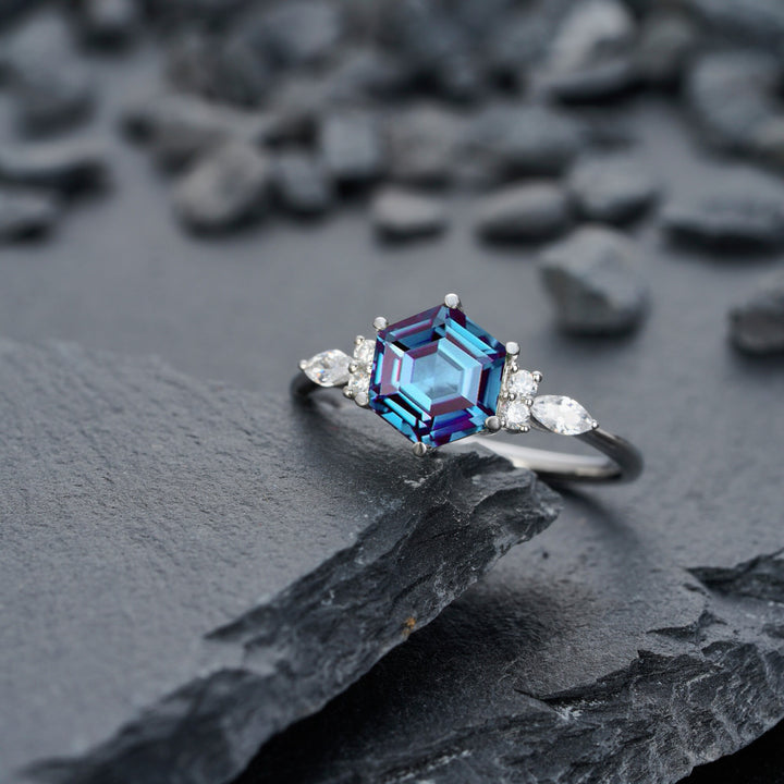 Platinum Hexagon Alexandrite Engagement Ring, Unique 14K White Gold Wedding Ring, Silver June Birthstone Anniversary Promise Ring For Women - ShainJewelry