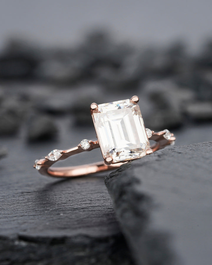 Vintage 3 Carat Emerald Cut Moissanite Engagement Ring, 14k Rose Gold Moissanite Wedding Ring, Moissanite Promise Bridal Ring Gift For Women - ShainJewelry