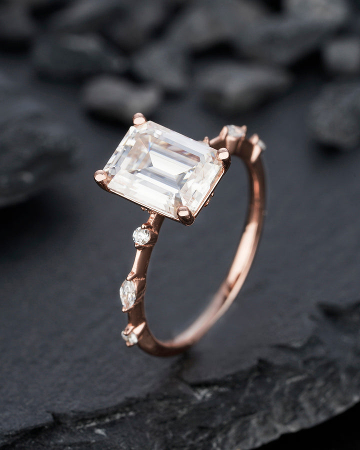 Vintage 3 Carat Emerald Cut Moissanite Engagement Ring, 14k Rose Gold Moissanite Wedding Ring, Moissanite Promise Bridal Ring Gift For Women - ShainJewelry