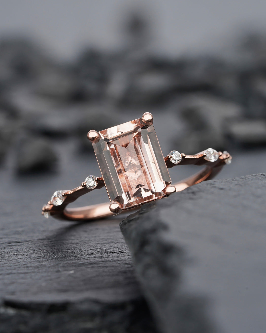Vintage 3 Carat Pink Morganite Engagement Ring, Unique Emerald Cut Wedding Ring, Peach Morganite Promise Ring,14k Rose Gold Anniversary Ring - ShainJewelry