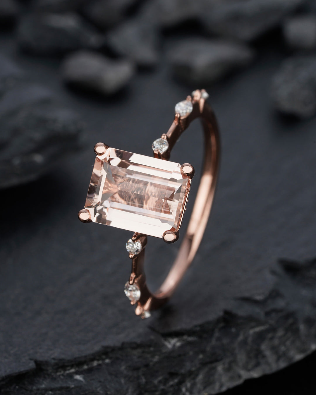 Vintage 3 Carat Pink Morganite Engagement Ring, Unique Emerald Cut Wedding Ring, Peach Morganite Promise Ring,14k Rose Gold Anniversary Ring - ShainJewelry
