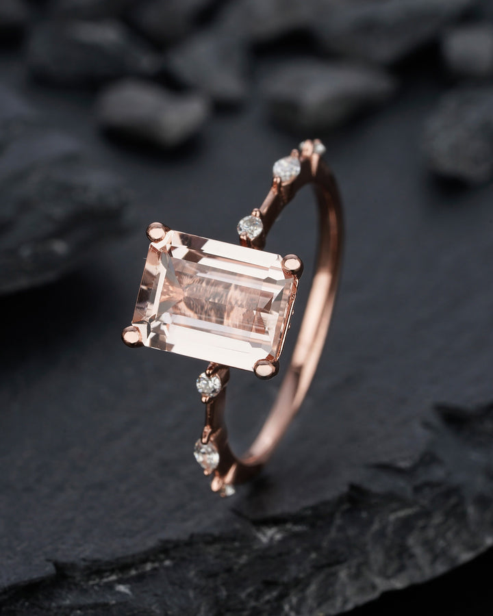 Vintage 3 Carat Pink Morganite Engagement Ring, Unique Emerald Cut Wedding Ring, Peach Morganite Promise Ring,14k Rose Gold Anniversary Ring - ShainJewelry