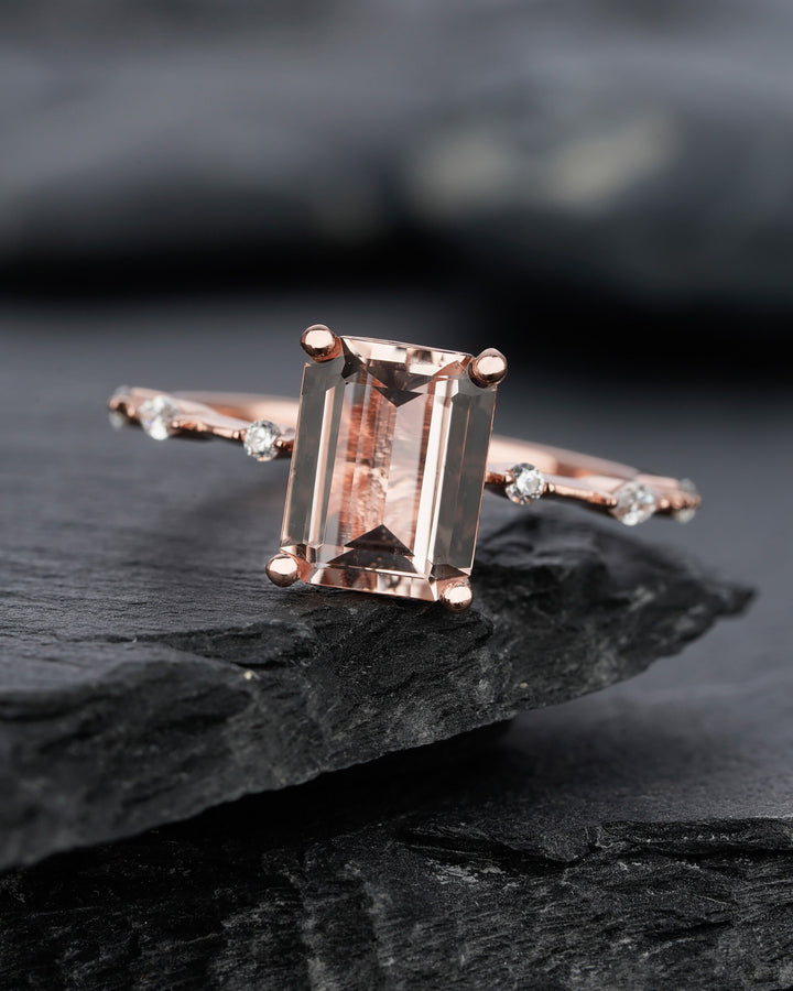 Vintage 3 Carat Pink Morganite Engagement Ring, Unique Emerald Cut Wedding Ring, Peach Morganite Promise Ring,14k Rose Gold Anniversary Ring - ShainJewelry