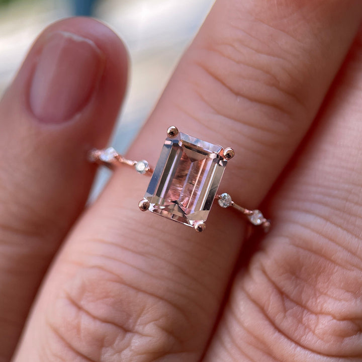 Vintage 3 Carat Pink Morganite Engagement Ring, Unique Emerald Cut Wedding Ring, Peach Morganite Promise Ring,14k Rose Gold Anniversary Ring - ShainJewelry