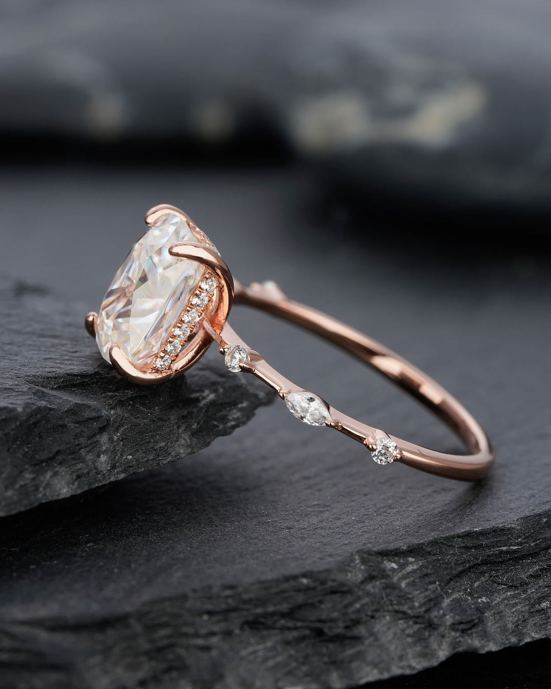 Vintage 3 Carat Moissanite Engagement Ring, 14k Rose Gold Moissanite Hidden Halo Wedding Ring, Unique Cushion Cut Moissanite Promise Ring - ShainJewelry