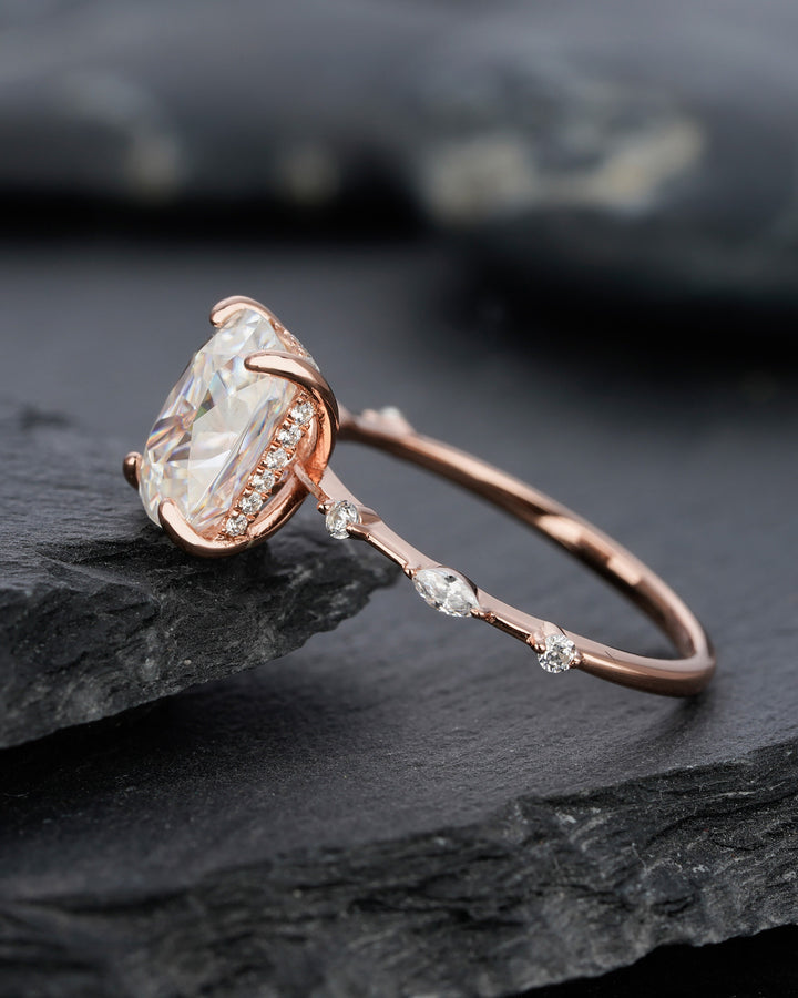 Vintage 3 Carat Moissanite Engagement Ring, 14k Rose Gold Moissanite Hidden Halo Wedding Ring, Unique Cushion Cut Moissanite Promise Ring - ShainJewelry
