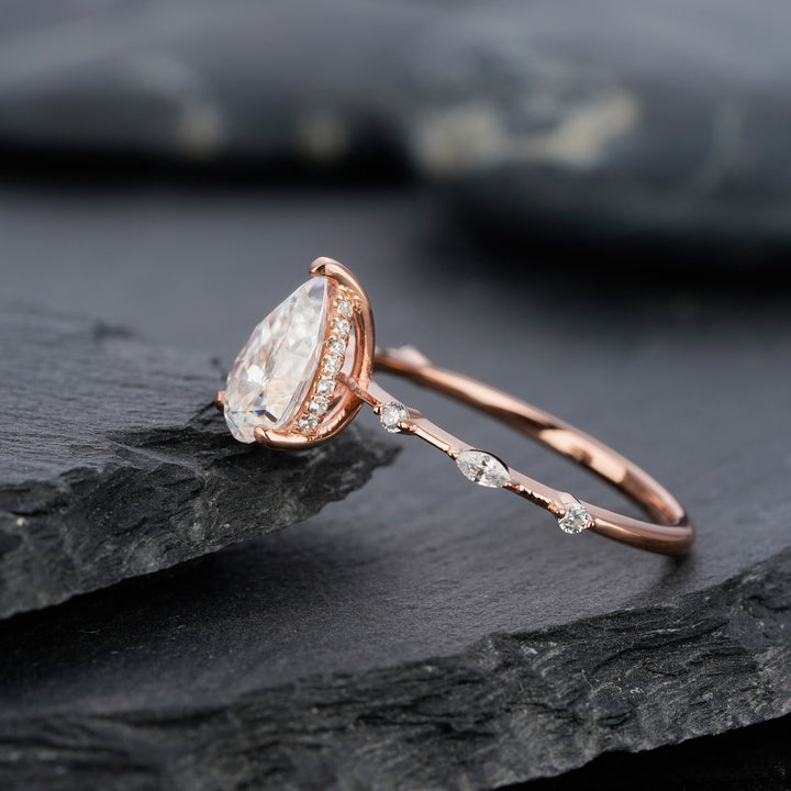 Vintage 2 Carats Pear Shaped Moissanite Engagement Ring, Rose Gold Moissanite Hidden Halo Wedding Ring, Teardrop Moissanite Promise Ring - ShainJewelry