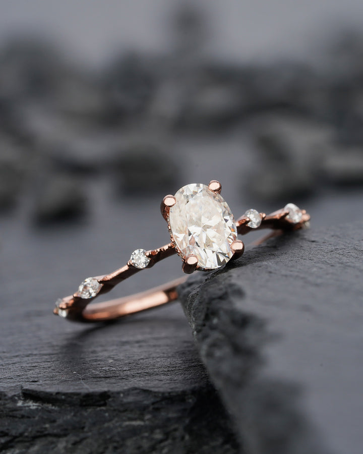 Vintage Oval Moissanite Engagement Ring, 14K Rose Gold Hidden Halo Moissanite Wedding Ring, Unique Colorless Moissanite Promise Ring for her - ShainJewelry
