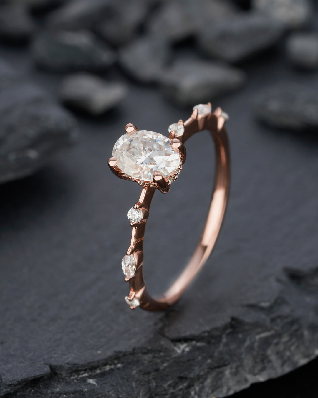 Vintage Oval Moissanite Engagement Ring, 14K Rose Gold Hidden Halo Moissanite Wedding Ring, Unique Colorless Moissanite Promise Ring for her - ShainJewelry