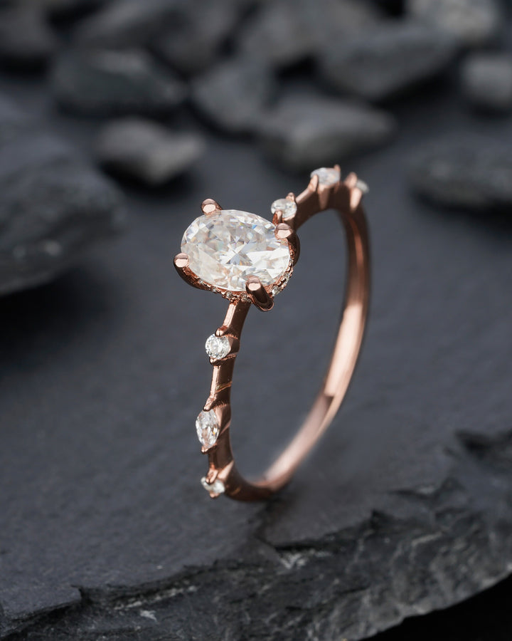 Vintage Oval Moissanite Engagement Ring, 14K Rose Gold Hidden Halo Moissanite Wedding Ring, Unique Colorless Moissanite Promise Ring for her - ShainJewelry