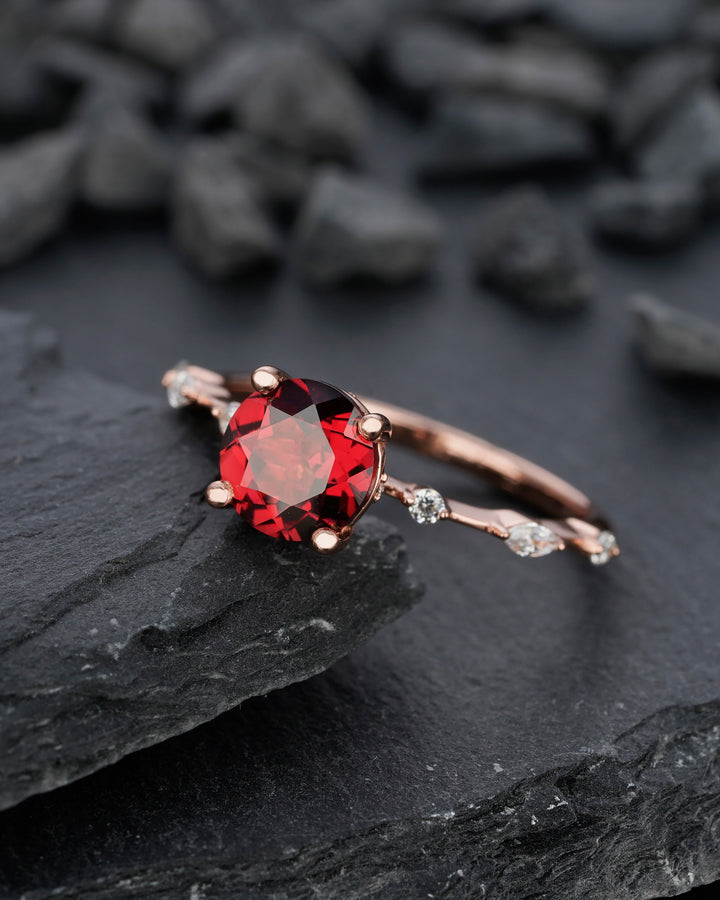Unique Round Cut Red Garnet Engagement Ring, Vintage January Birthstone Sterling Silver Rose Gold Garnet Wedding Promise Ring Gift For Women - ShainJewelry