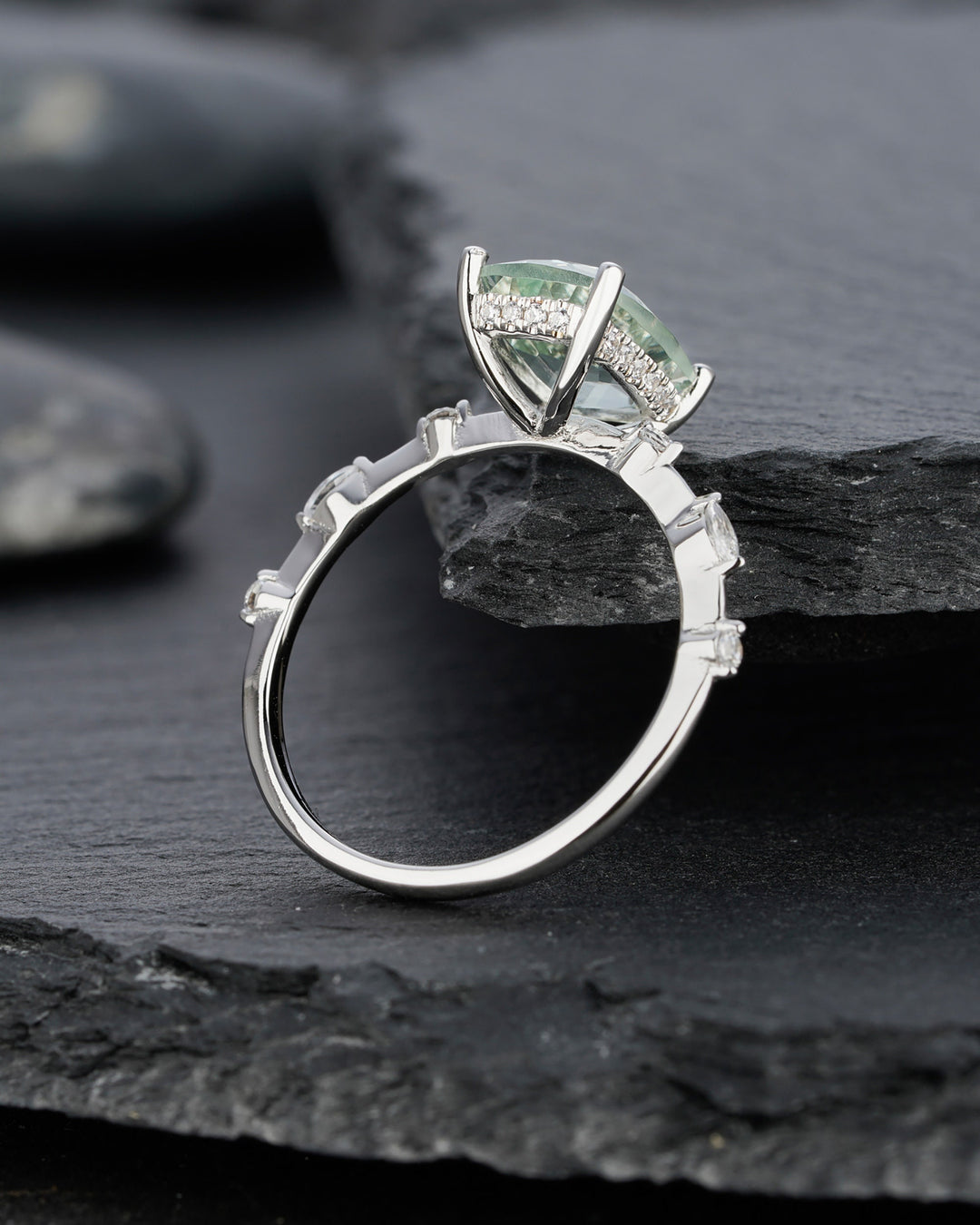 Vintage Cushion Cut Green Crystal Quartz Engagement Ring Unique White Gold Sterling Silver 925 Wedding Promise Anniversary Ring Gift For Her - ShainJewelry