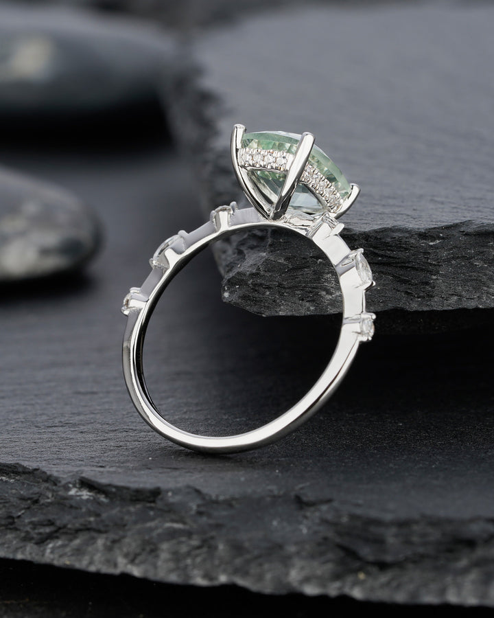 Vintage Cushion Cut Green Crystal Quartz Engagement Ring Unique White Gold Sterling Silver 925 Wedding Promise Anniversary Ring Gift For Her - ShainJewelry