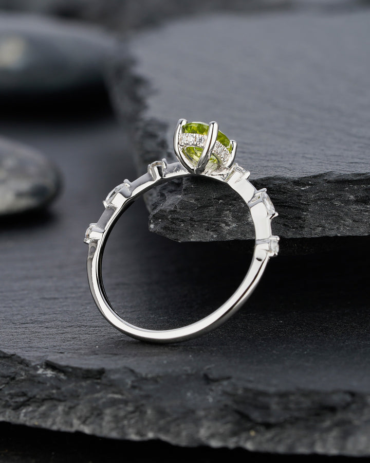 Unique Natural Peridot Engagement Halo Ring, Oval Peridot Wedding Ring, Green August Birthstone Promise Ring, White Gold Anniversary Ring - ShainJewelry