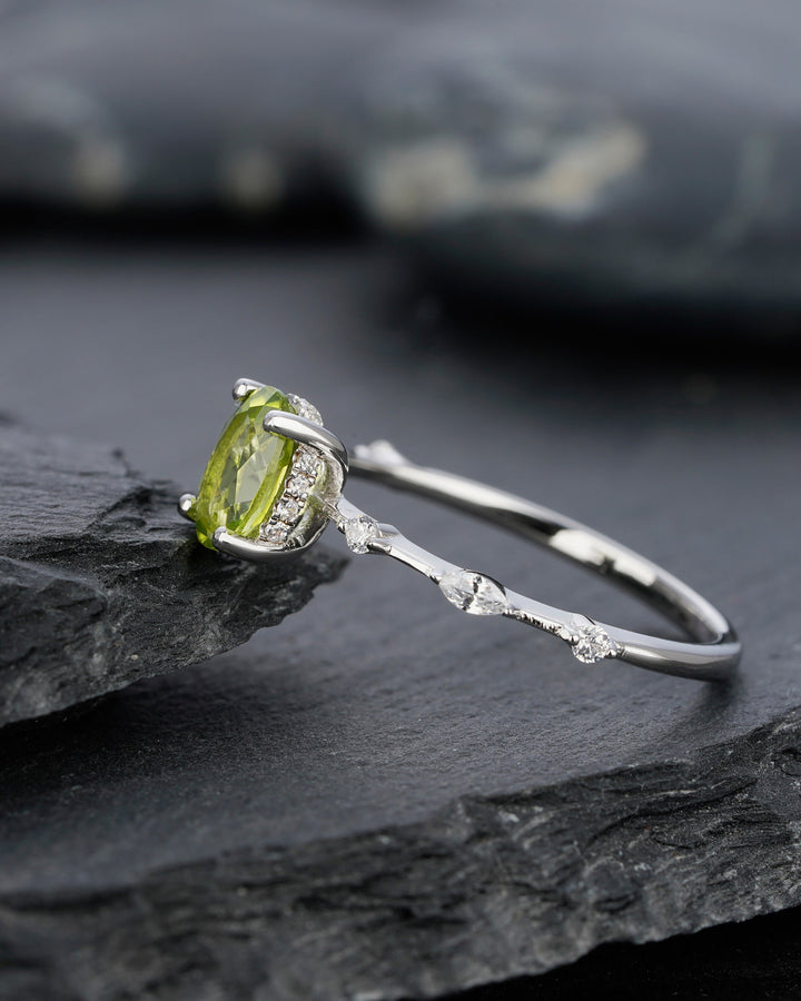 Unique Natural Peridot Engagement Halo Ring, Oval Peridot Wedding Ring, Green August Birthstone Promise Ring, White Gold Anniversary Ring - ShainJewelry