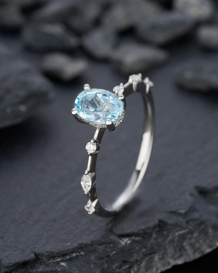 Unique Natural Oval Topaz Engagement Ring, Swiss Blue Topaz Hidden Halo Promise Ring, 14k White Gold /Silver 925 Anniversary Wedding Ring - ShainJewelry