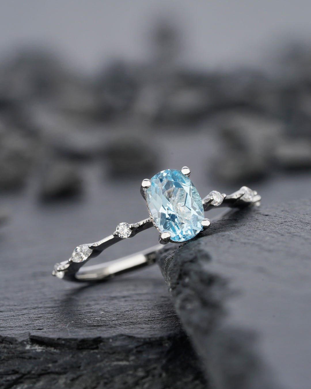 Unique Natural Oval Topaz Engagement Ring, Swiss Blue Topaz Hidden Halo Promise Ring, 14k White Gold /Silver 925 Anniversary Wedding Ring - ShainJewelry