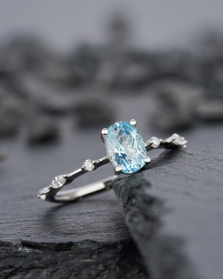 Unique Natural Oval Topaz Engagement Ring, Swiss Blue Topaz Hidden Halo Promise Ring, 14k White Gold /Silver 925 Anniversary Wedding Ring - ShainJewelry