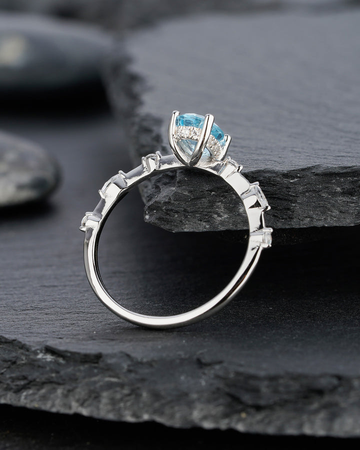 Unique Natural Oval Topaz Engagement Ring, Swiss Blue Topaz Hidden Halo Promise Ring, 14k White Gold /Silver 925 Anniversary Wedding Ring - ShainJewelry