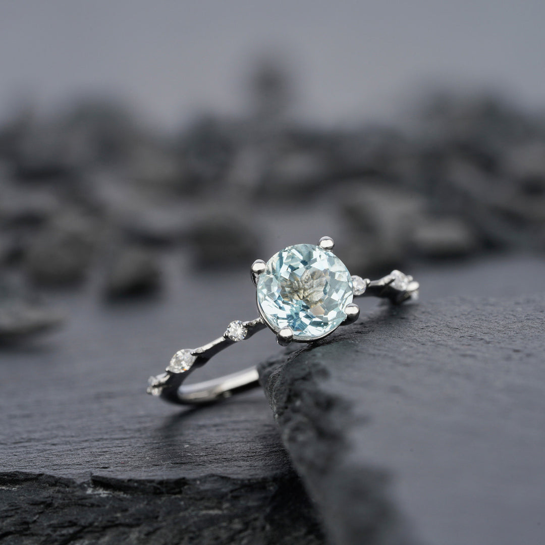 Vintage Natural Blue Aquamarine Engagement Ring, Round Cut March Birthstone 14k White Gold Anniversary Ring Unique Promise Wedding Ring Gift - ShainJewelry