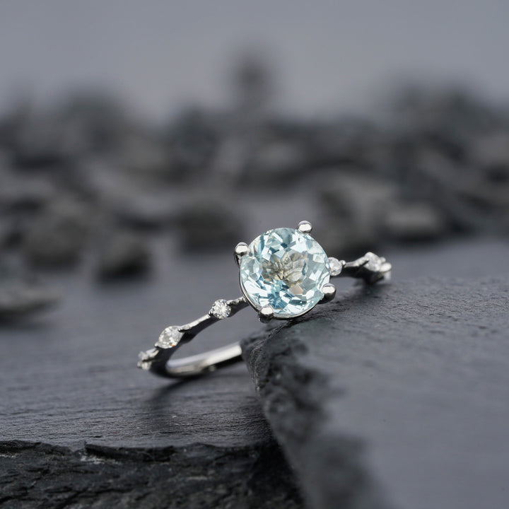 Vintage Natural Blue Aquamarine Engagement Ring, Round Cut March Birthstone 14k White Gold Anniversary Ring Unique Promise Wedding Ring Gift - ShainJewelry
