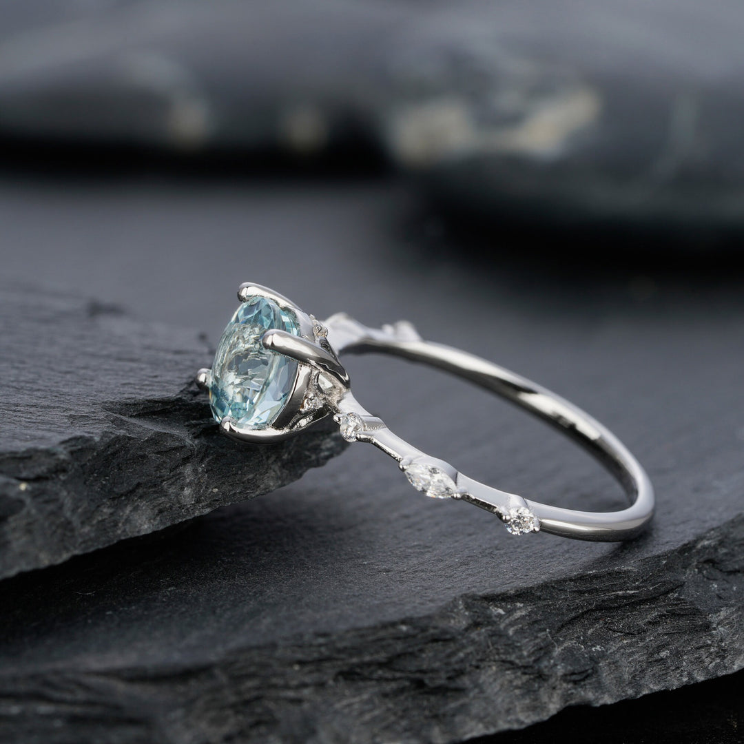 Vintage Natural Blue Aquamarine Engagement Ring, Round Cut March Birthstone 14k White Gold Anniversary Ring Unique Promise Wedding Ring Gift - ShainJewelry