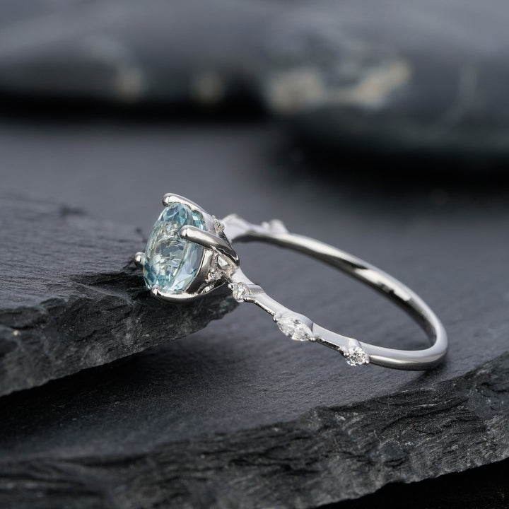 Vintage Natural Blue Aquamarine Engagement Ring, Round Cut March Birthstone 14k White Gold Anniversary Ring Unique Promise Wedding Ring Gift - ShainJewelry