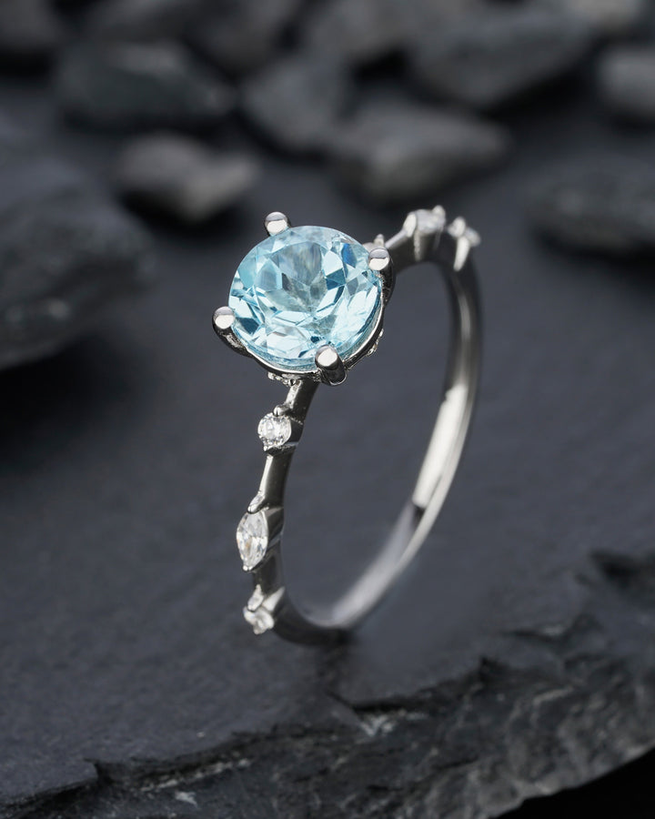 Natural Sky Blue Topaz Engagement Ring Round Cut November Birthstone 14k White Gold /Silver Anniversary Promise Wedding Meaningful Gift - ShainJewelry