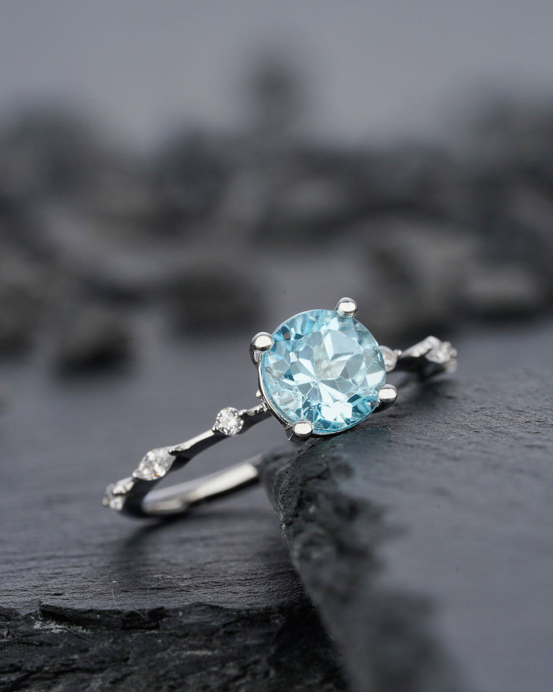 Natural Sky Blue Topaz Engagement Ring Round Cut November Birthstone 14k White Gold /Silver Anniversary Promise Wedding Meaningful Gift - ShainJewelry
