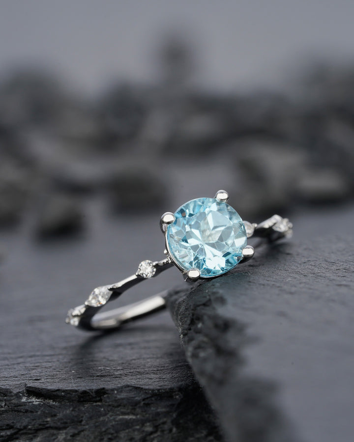 Natural Sky Blue Topaz Engagement Ring Round Cut November Birthstone 14k White Gold /Silver Anniversary Promise Wedding Meaningful Gift - ShainJewelry