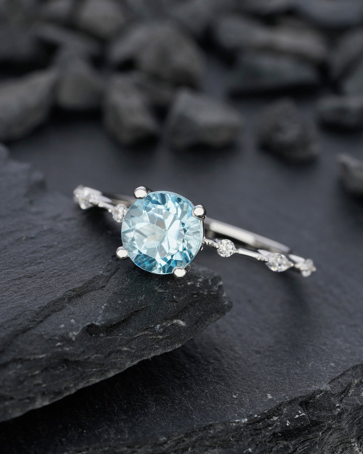 Natural Sky Blue Topaz Engagement Ring Round Cut November Birthstone 14k White Gold /Silver Anniversary Promise Wedding Meaningful Gift - ShainJewelry