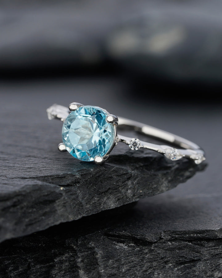 Natural Sky Blue Topaz Engagement Ring Round Cut November Birthstone 14k White Gold /Silver Anniversary Promise Wedding Meaningful Gift - ShainJewelry