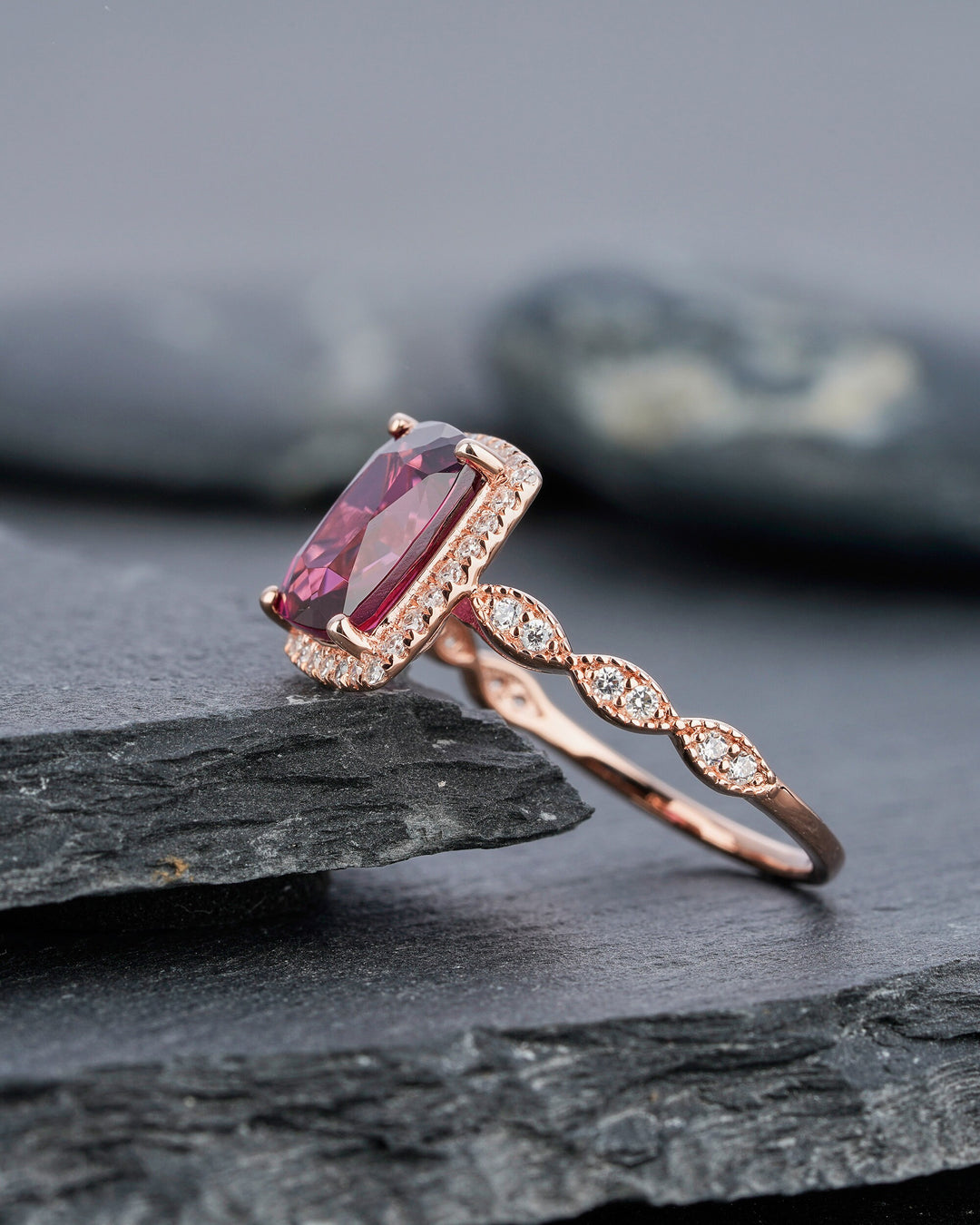 Vintage Natural Rhodolite Garnet Engagement Ring, Unique Red Garnet Wedding Ring, Art Deco Cushion Cut Garnet Halo Promise Ring Gift for Her - ShainJewelry
