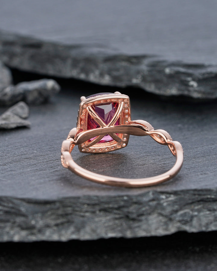 Vintage Natural Rhodolite Garnet Engagement Ring, Unique Red Garnet Wedding Ring, Art Deco Cushion Cut Garnet Halo Promise Ring Gift for Her - ShainJewelry