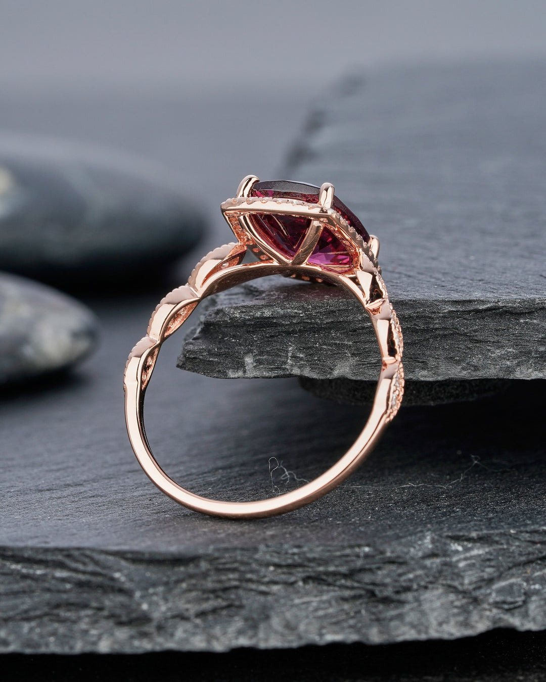 Vintage Natural Rhodolite Garnet Engagement Ring, Unique Red Garnet Wedding Ring, Art Deco Cushion Cut Garnet Halo Promise Ring Gift for Her - ShainJewelry