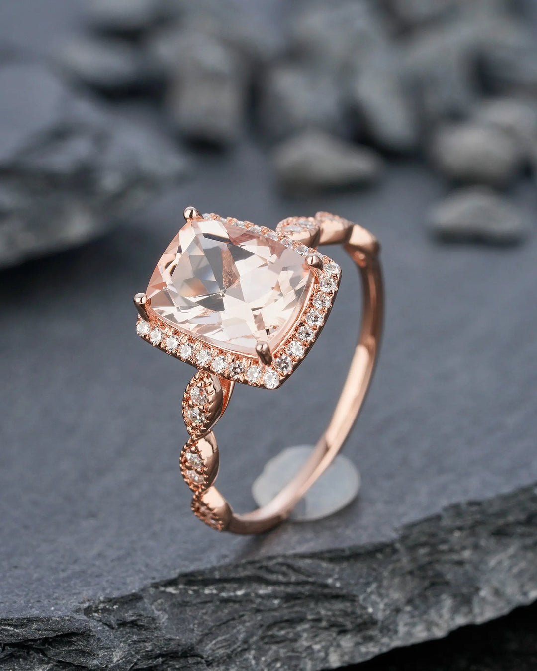 Vintage 2 Carat Peach Morganite Halo Engagement Ring, Cushion Cut Pink Morganite Wedding Ring 14k 18k Rose Gold 2 Carat Promise Ring for her - ShainJewelry
